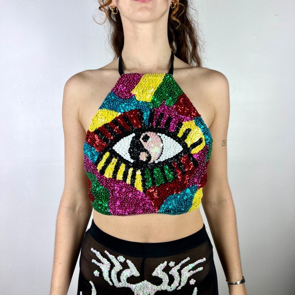 Discount Universe EVIL EYE Sequin Halter NWOT - Picture 2 of 9